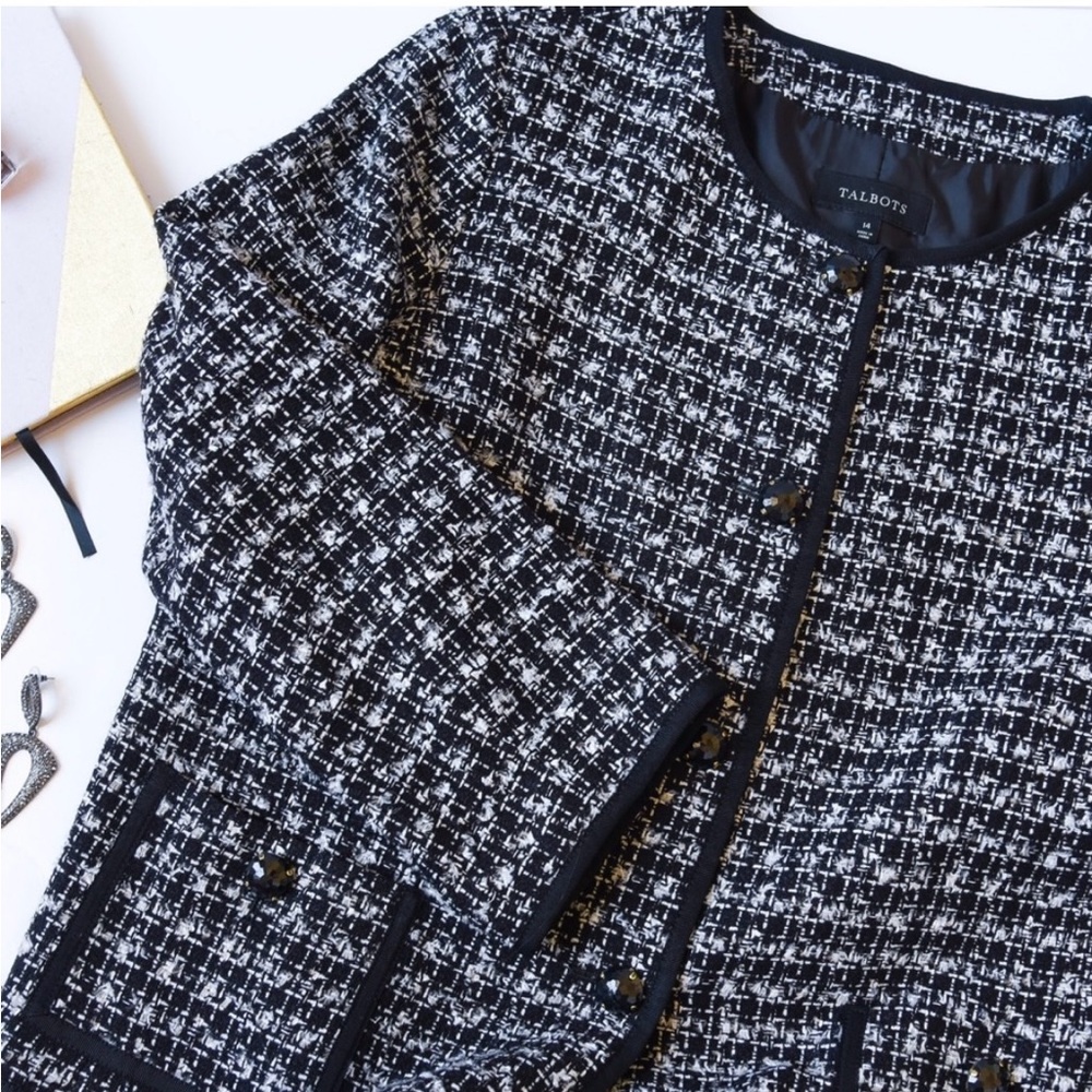 Talbots Black and White Tweed Blazer with black jeweled buttons